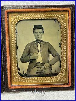 1800's Antique Civil War Confederate VA Rebel Solider Ambrotype In Leather Case