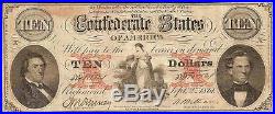1861 $10 Bill Confederate States Currency CIVIL War Note Csa Paper Money T-26 Vf
