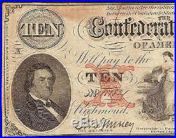1861 $10 Bill Confederate States Currency CIVIL War Note Csa Paper Money T-26 Vf