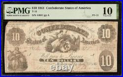 1861 $10 Confederate States Currency CIVIL War Note Money T-10 Pf-15 R-10 Pmg 10