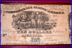 1861 $10 DOLLAR BILL, 1st Series T-30 Confederate Money CIVIL WAR, FRAME, Red SN