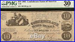 1861 $10 DOLLAR Hollings CONFEDERATE STATES CURRENCY CIVIL WAR NOTE T-28 PMG 30
