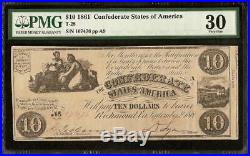 1861 $10 DOLLAR Hollings CONFEDERATE STATES CURRENCY CIVIL WAR NOTE T-28 PMG 30