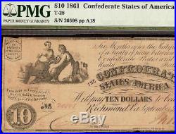 1861 $10 Dollar Bill Confederate States Currency CIVIL War Note Money T-28 Pmg