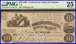 1861 $10 Dollar Bill Confederate States Currency CIVIL War Note Money T28 Pmg 25
