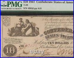 1861 $10 Dollar Bill Confederate States Currency CIVIL War Note T-28 Pmg 55
