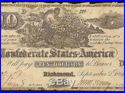 1861 $10 Dollar Confederate States Currency CIVIL War Cotton Picking Note T-29