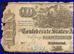 1861 $10 Dollar Confederate States Currency CIVIL War Cotton Picking Note T-29