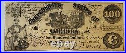 1861 $100 Confederate Currency Civil War Note Paper Bill in AU/UNC T-13