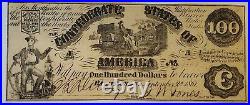 1861 $100 Confederate Currency Civil War Note Paper Bill in AU/UNC T-13