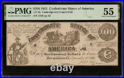 1861 $100 Confederate States Contemporary Counterfeit CIVIL War Note Ct13 Pmg 55