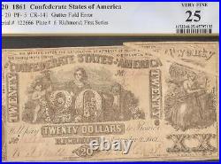 1861 $20 Bill Confederate States Currency CIVIL War Error Note T-20 Pf-5 Pcgs 25