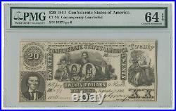 1861 $20 CSA Confederate States of America Civil War Era Note PMG-64 EPQ #217
