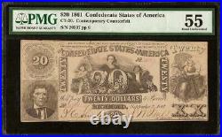 1861 $20 Confederate States Contemporary Counterfeit CIVIL War Note Ct-20 Pmg 55