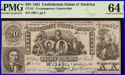1861 $20 Confederate States Contemporary Counterfeit CIVIL War Note Ct-20 Pmg 64