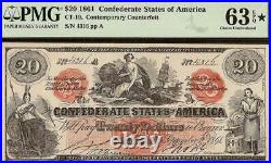 1861 $20 Confederate States Counterfeit CIVIL War Note Ct-19 Pmg 63 Epq