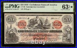 1861 $20 Confederate States Counterfeit CIVIL War Note Ct-19 Pmg 63 Epq