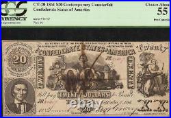 1861 $20 Confederate States Counterfeit CIVIL War Note Money Ct-20 Pcgs 55