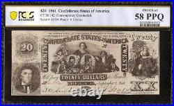 1861 $20 Confederate States Counterfeit CIVIL War Note Money Ct-20 Pcgs 58 Ppq
