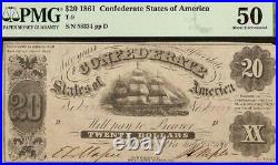 1861 $20 Confederate States Of America Currency CIVIL War Note Money T-9 Pmg 50
