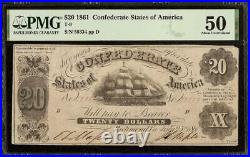 1861 $20 Confederate States Of America Currency CIVIL War Note Money T-9 Pmg 50