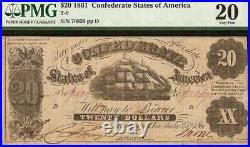1861 $20 Confederate States Of America Currency CIVIL War Note Money T-9 Pmg Vf