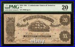 1861 $20 Confederate States Of America Currency CIVIL War Note Money T-9 Pmg Vf
