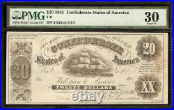 1861 $20 Confederate States Of America Currency CIVIL War Note Money T9 Pmg 30