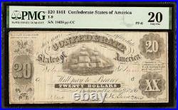 1861 $20 DOUBLE Treasr CONFEDERATE STATES NOTE CIVIL WAR CURRENCY T9 PF-6 PMG 20