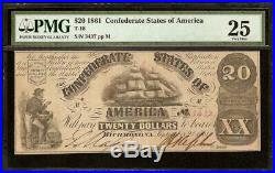 1861 $20 Dollar Confederate States Currency CIVIL War Note Paper Money T-18 Pmg
