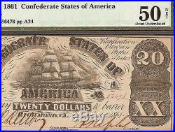 1861 $20 Dollar Confederate States Currency CIVIL War Ship Note Money T18 Pmg 50