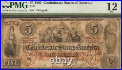 1861 $5 Bill Confederate States Currency CIVIL War Note Paper Money T-31 Pmg 12