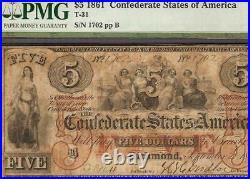 1861 $5 Bill Confederate States Currency CIVIL War Note Paper Money T-31 Pmg 12