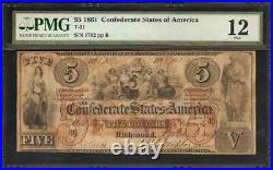 1861 $5 Bill Confederate States Currency CIVIL War Note Paper Money T-31 Pmg 12