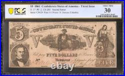 1861 $5 Bill Confederate States Currency CIVIL War Note Paper Money T-37 Pcgs 30