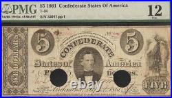 1861 $5 Bill Confederate States Currency CIVIL War Note T-34 Pf-9 Cr-266 R10 Pmg