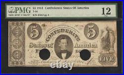 1861 $5 Bill Confederate States Currency CIVIL War Note T-34 Pf-9 Cr-266 R10 Pmg