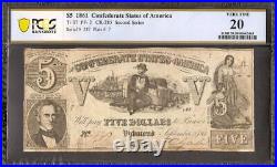 1861 $5 Bill Confederate States Currency CIVIL War Note T-37 Pcgs 20