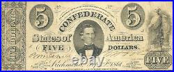 1861 $5 CIVIL War Confederate Currency T-34 Memminger White Paper Nice Note
