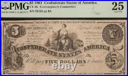 1861 $5 CIVIL War Era Counterfeit Confederate States Currency Note Ct-36 Pmg 25