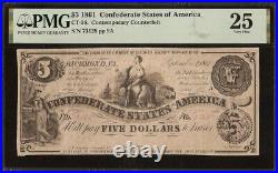 1861 $5 CIVIL War Era Counterfeit Confederate States Currency Note Ct-36 Pmg 25