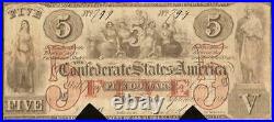 1861 $5 Confederate States Currency CIVIL War Note Money Only 58,860 Issued T-31