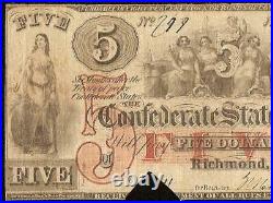 1861 $5 Confederate States Currency CIVIL War Note Money Only 58,860 Issued T-31