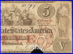 1861 $5 Confederate States Currency CIVIL War Note Money Only 58,860 Issued T-31