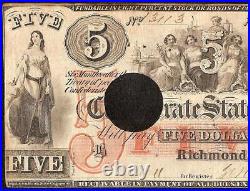 1861 $5 Confederate States Currency CIVIL War Note Money Only 58,860 Issued T-31