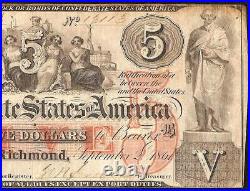 1861 $5 Confederate States Currency CIVIL War Note Money Only 58,860 Issued T-31