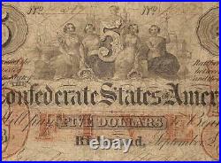 1861 $5 Confederate States Note CIVIL War Currency Old Paper Money T31 Pcgs