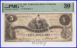 1861 $5 Confederate States of America T-36 Note PMG VF30 Civil War Era Note