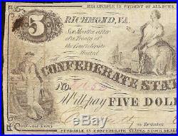 1861 $5 Csa Watermark Paper Confederate States Currency CIVIL War Note T-36 Pf-5