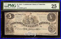 1861 $5 Dollar Bill Confederate States CIVIL War Currency Paper Money T-36 Pmg
